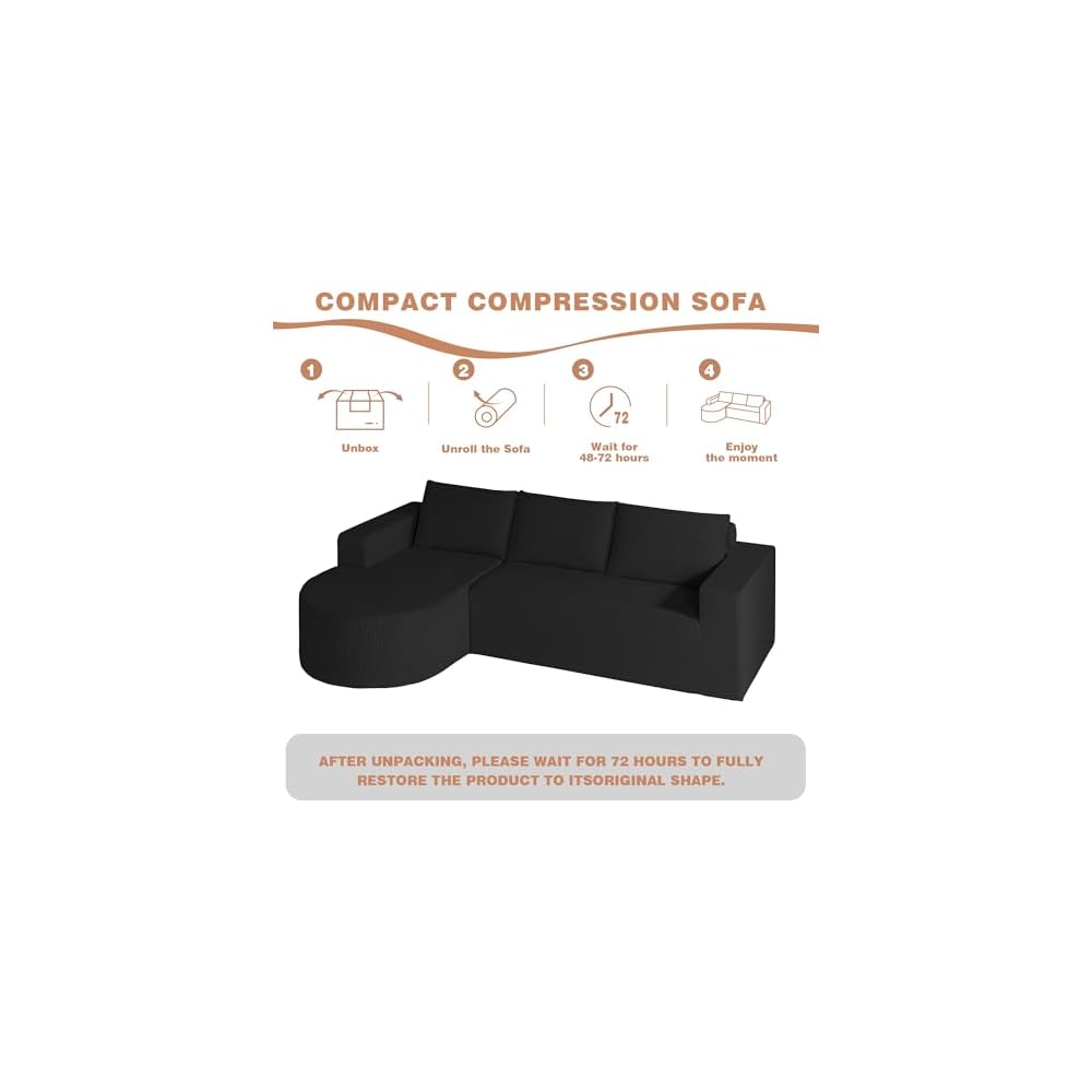 104.92" L-Shaped Sectional Sofa with Chaise, Boneless Comfy Corduroy Fluffy Couch with Deep Seat,Headrests, Compression Sofa for Living Room, No Assembly