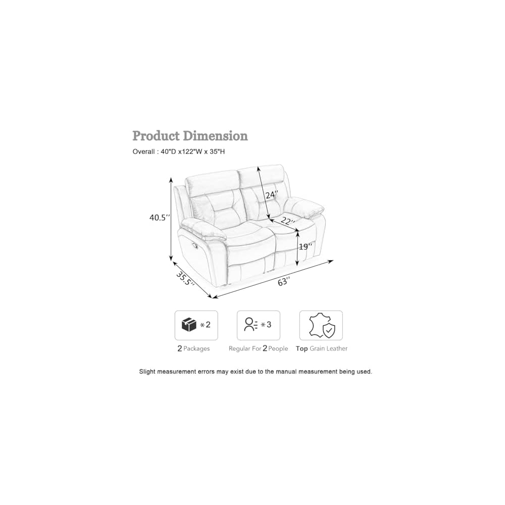 63'' Genuine Leather Manual Reclining Loveseat Sofa Couch for Living Room/Home Theater/Office/RV