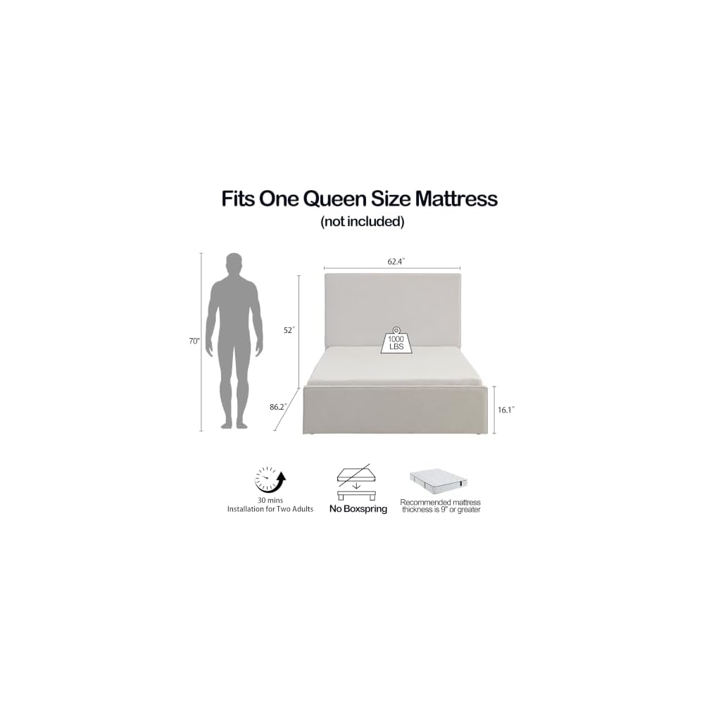 Queen Size Upholstered Bed Frame, 52" High Headboard Bedframe, Lucas Tall Headboard Floor Platform Beds, No Box Spring Needed No Noise/Minimalist, Textured Lvory Canvas Chenille