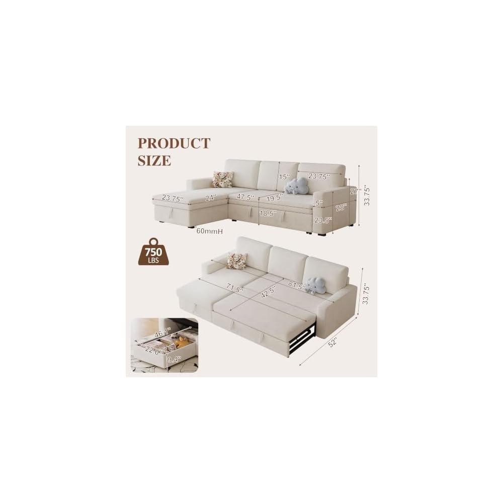 81" L Shaped Convertible Sleeper Sectional Sofa Bed, Beige