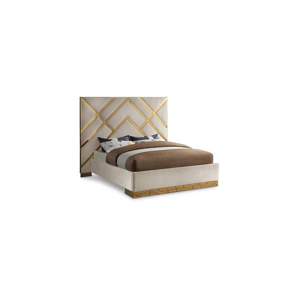 VectorCream-Q Vector Collection Modern | Contemporary Velvet Upholstered Bed, Custom Gold Metal Base and Polished Gold Metal Design, 81.5" W x 85.5" D x 68" H, Cream, Queen