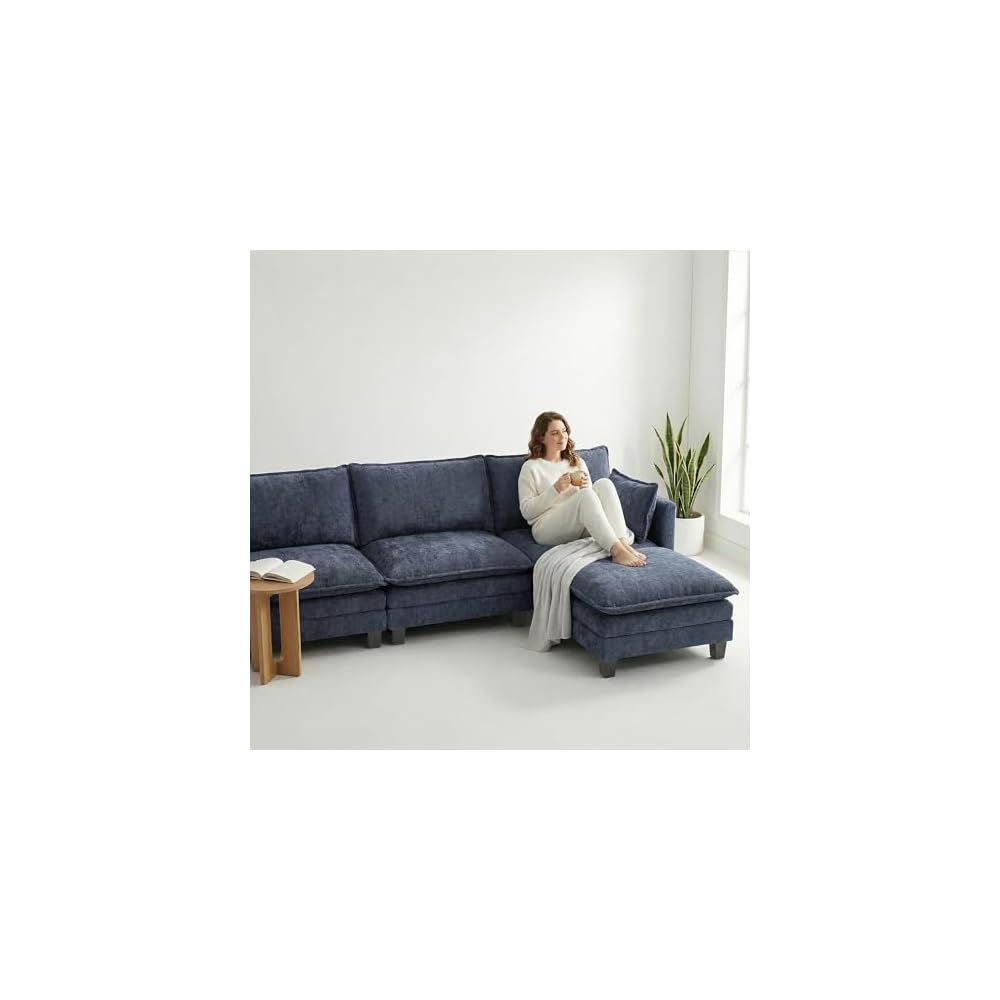 110.4" L Shaped Modular Sectional Couch with USB, Comfy Chenille Upholstered Cloud Couches with Movable Ottoman for Living Room, Modern 3 Seater Sofa with Side Pocket for Apartment, Navy Blue