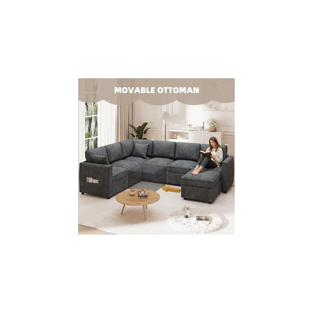 120" U-Shaped 7 Seat Sectional Sofa with Pull-Out Bed, Grey