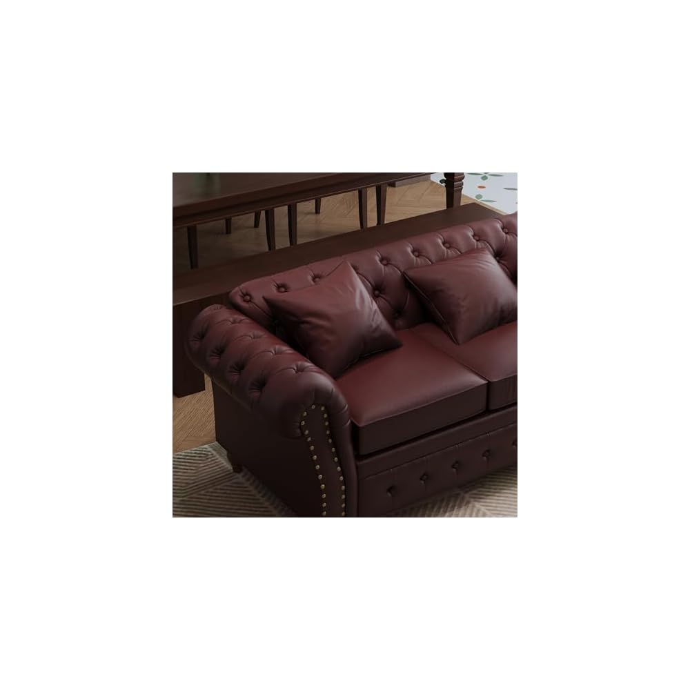 85.8" Tufted Leather Chesterfield Sofa with Storage, Burgundy