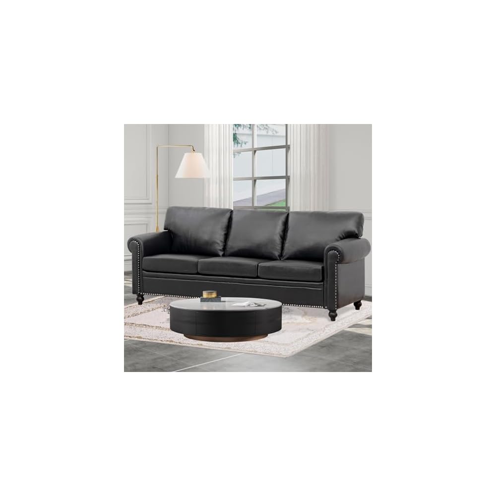 Black Faux Leather Couch，3 Seater Traditional Living Room Sofa，Comfy Sofa with Detachable Cushions 84" for Living Rooms, Bedrooms, Offices and Apartments Tool-Free Assembly