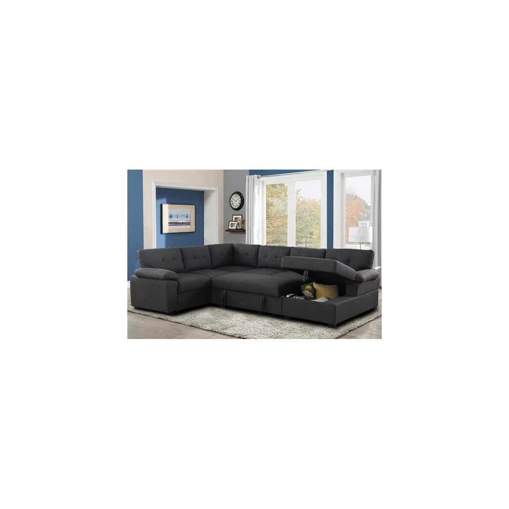 Sectional Sleeper Sofa with Pull Out Bed U Shaped with Storage Chaise Fabric Modern 6 Seater Dark Grey
