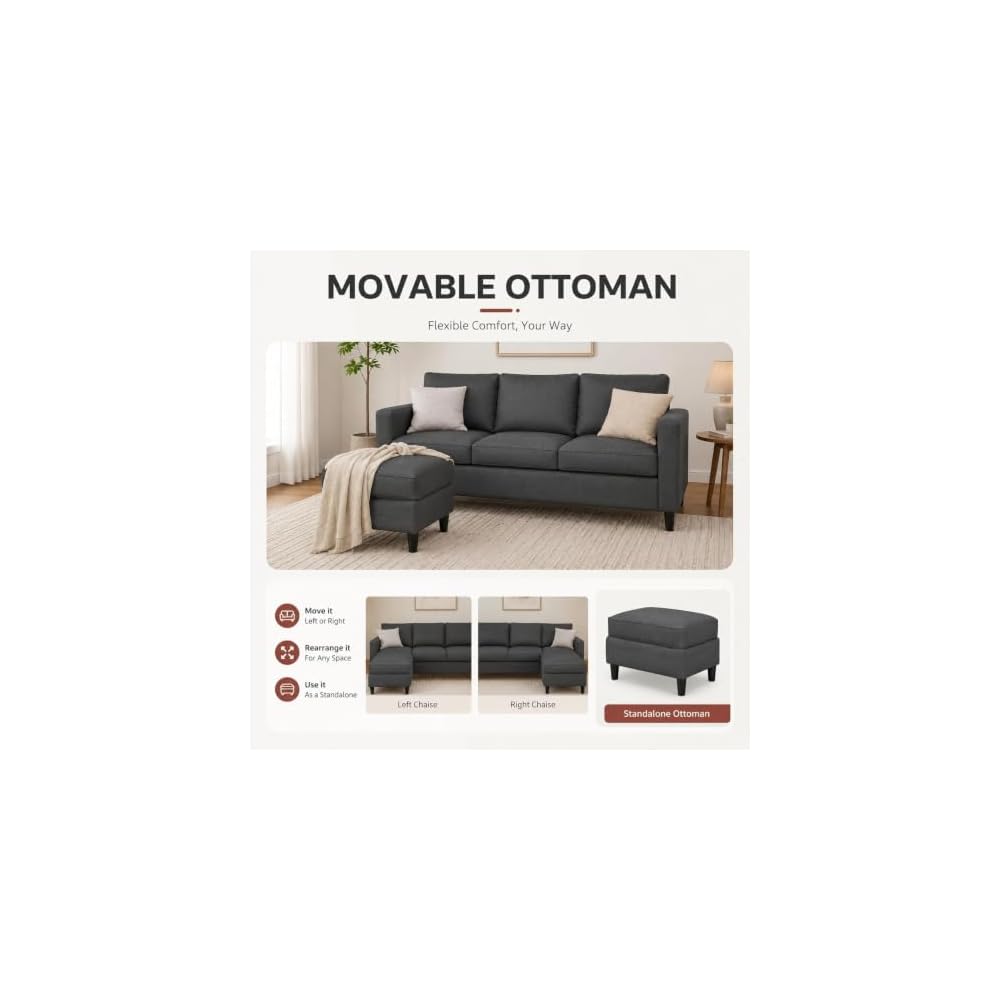 73.6" L-Shaped Small Sectional Sofa with Ottoman, Gray