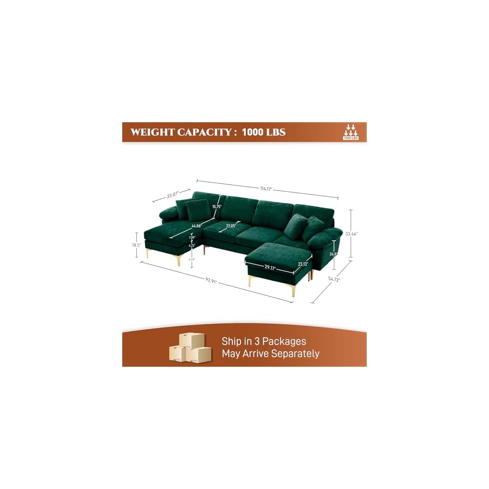 114" U-Shaped Modular Sectional Sofa for Living Room, Green