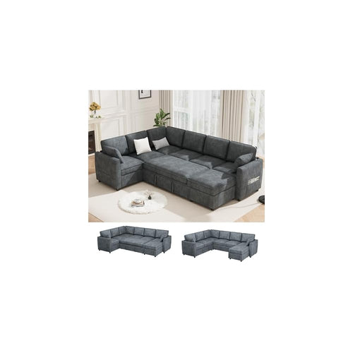 120" U-Shaped 7 Seat Sectional Sofa with Pull-Out Bed, Grey