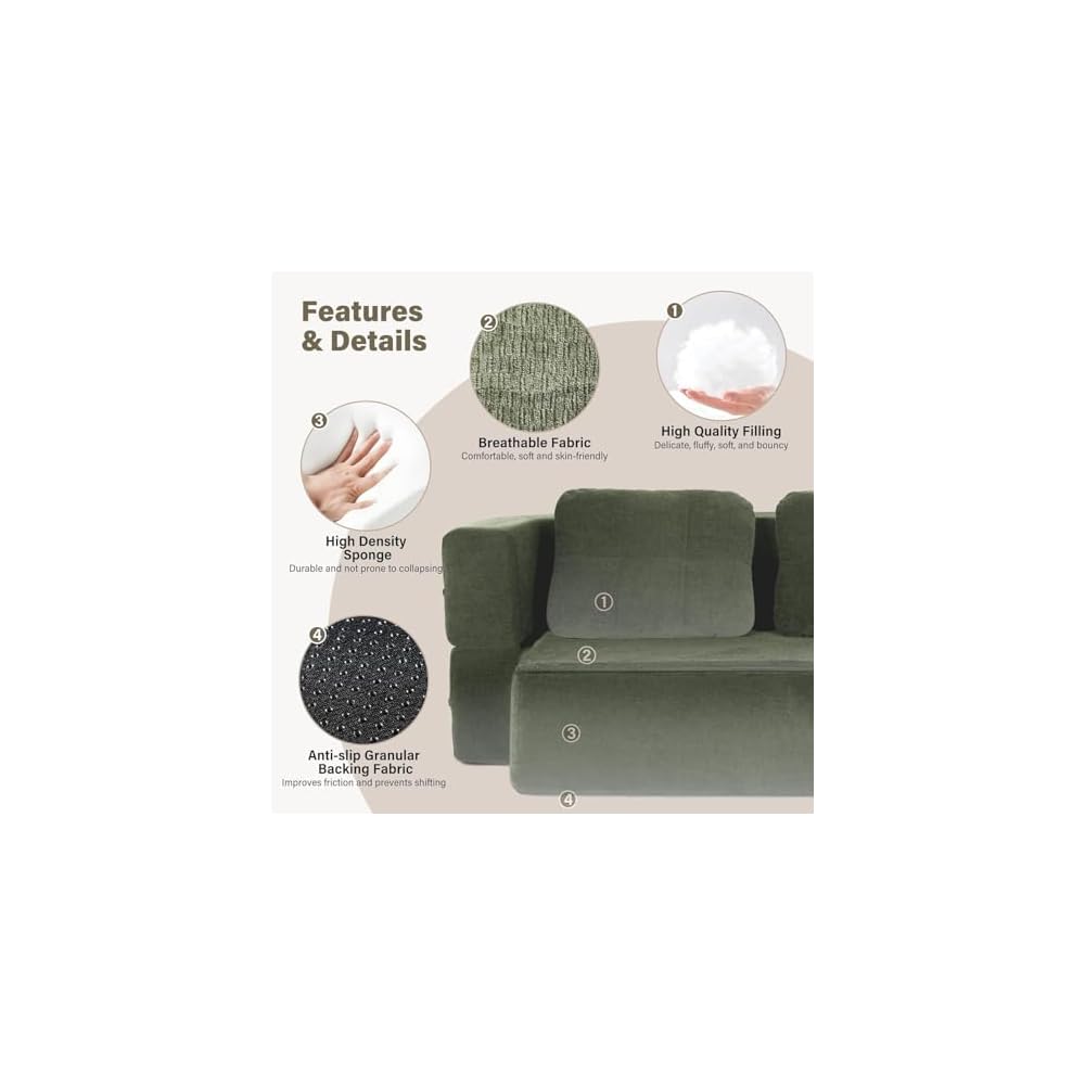 Queen Size Boneless Convertible Sofa Bed with Blanket, Green