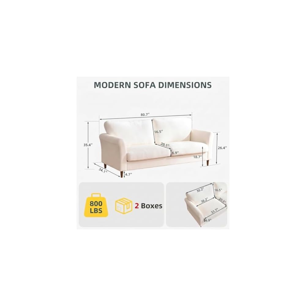 80" Linen Loveseat Sofa, Mid Century Modern Couch for Living Room, Cream