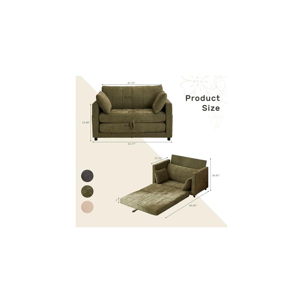 52" Convertible Loveseat Sofa Bed, 2 in 1 Sleeper Couch, Side Pockets, Space-Saving, Folding Sofa Bed with USB Port for Small Spaces, Living Room, Apartment （Green）