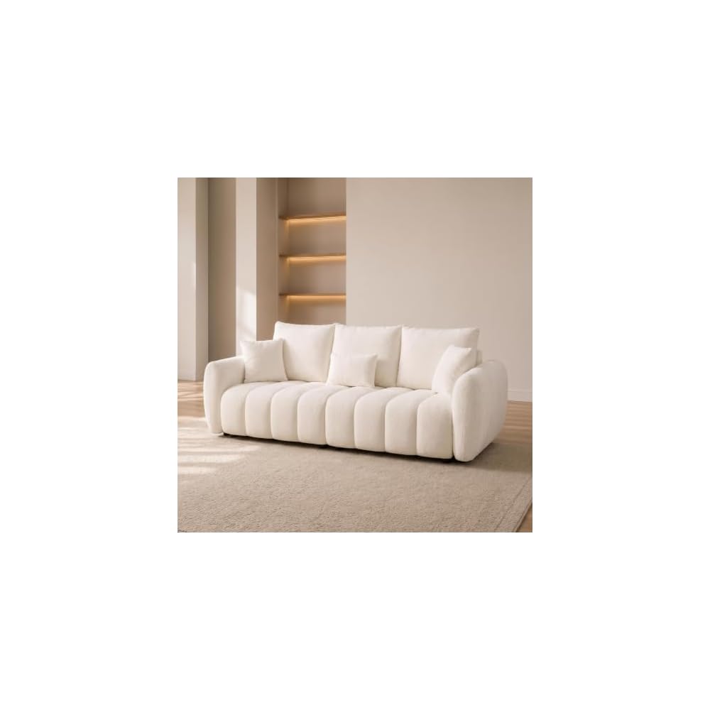 3-Seat Teddy Fabric Sofa with Channel Tufting, 79.5 in