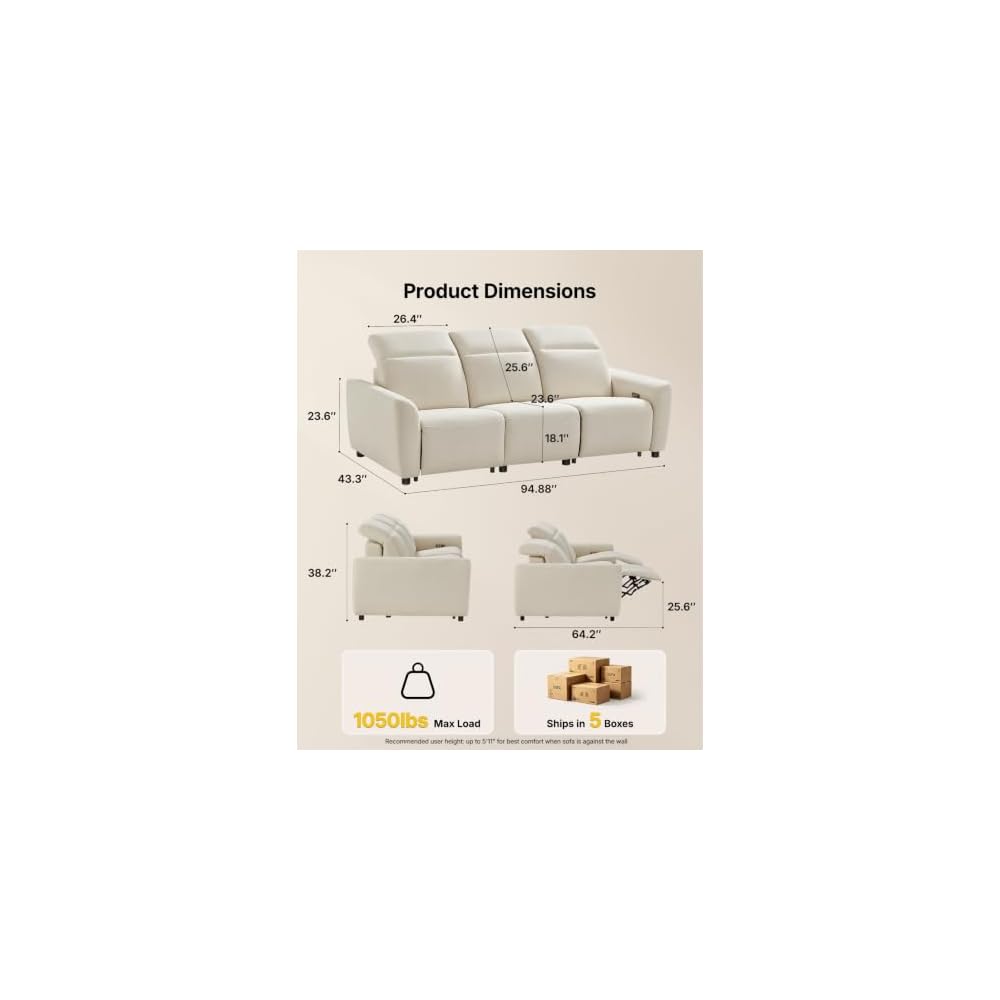 Amada 95'' Power Reclining Sofa Oversized, 3-Seater, Zero Gravity, Beige