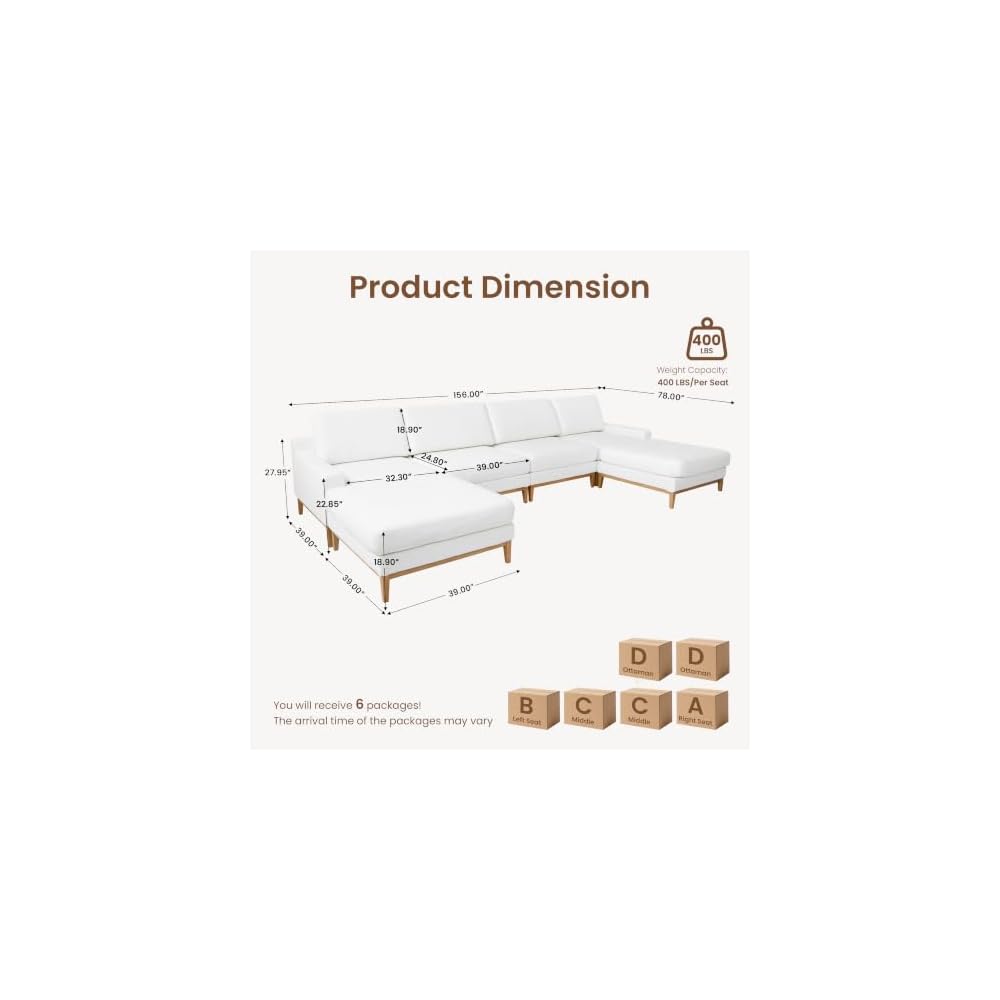 156" U Shape Modern Sofa with 2 Ottoman, Oversized Luxury Sectional Modular Sofa, Deep Seat Cloud Couch, 4 Seat Couch with Solid Wood Leg, White