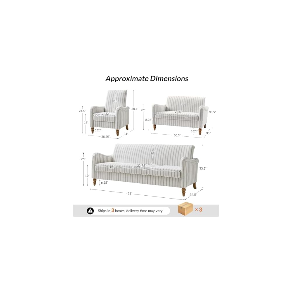 3 Piece Living Room Sofa Set, Loveseat & 3-Seater & Recliner Chair, Comfy Upholstered Farmhouse with Rolled Arms and Solid Wood Legs, Stripe Sectional Sofa Set for Living Room