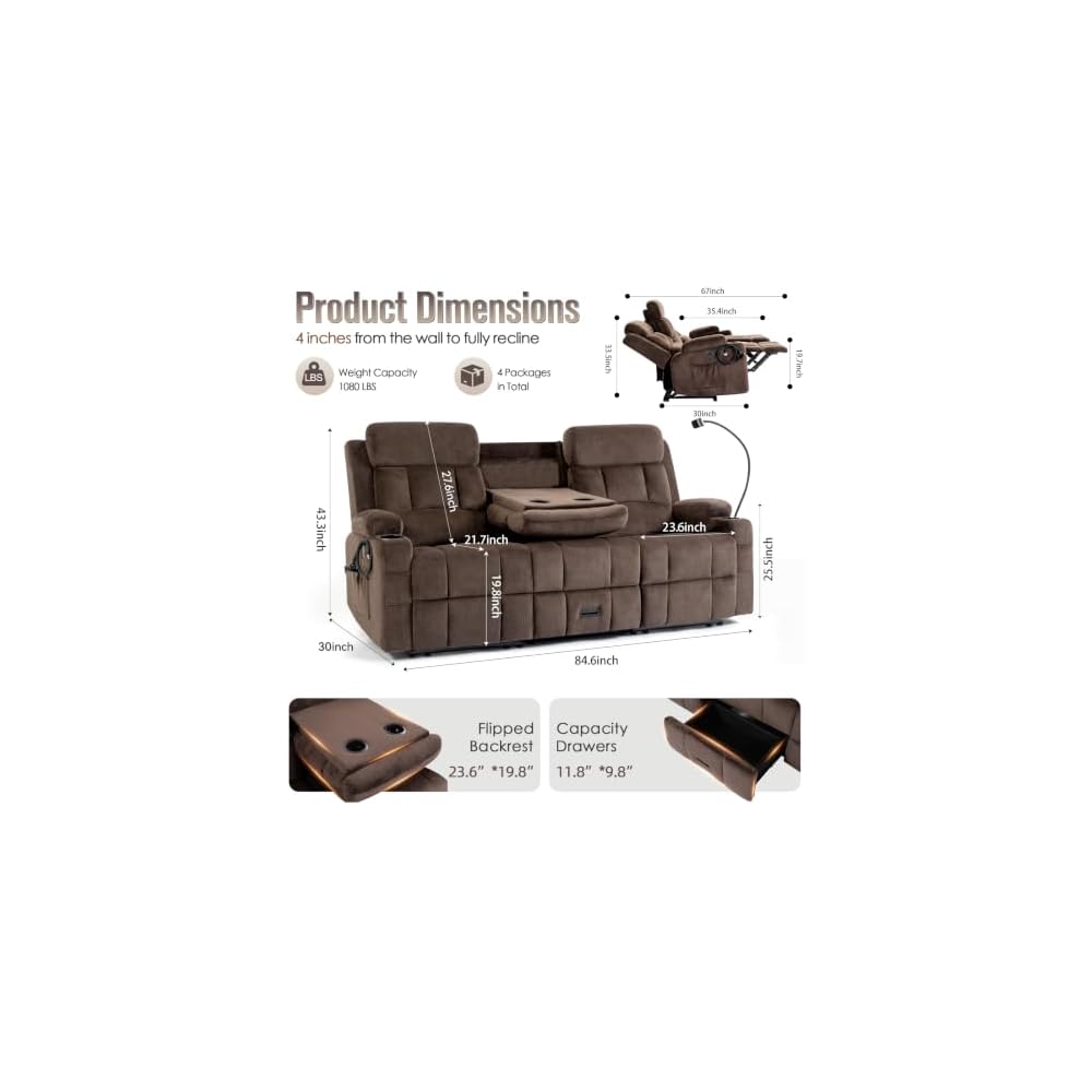 Loveseat Recliner Sofa, Flip-Down Middle Backrest Design, Oversized 3-Seater Reclining Sofa with Storage Drawer, Dual Manual Recliner with USB Ports, Cup Holders & Phone Holders, for Living Room,Brown