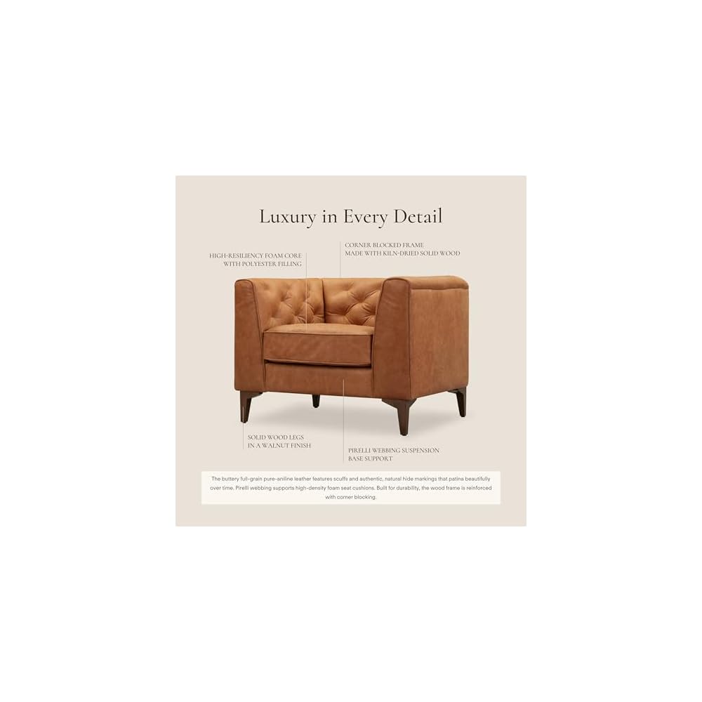 Essex 40" Lounge Chair – Full-Grain Pure-Aniline Italian Leather, Tufted Back & Arms, Feather-Down Cushioning, Walnut Wood Legs - Cognac Tan