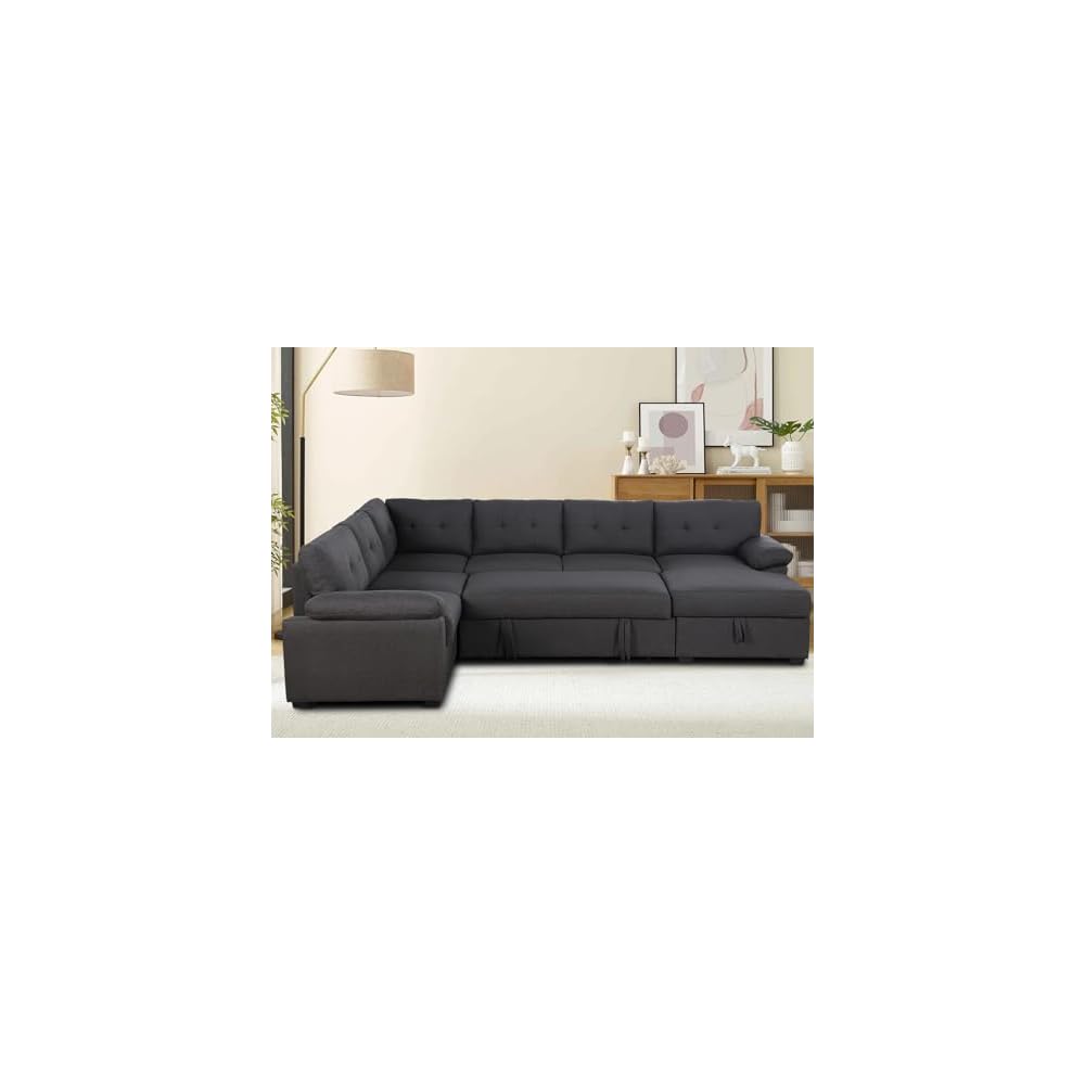 Sectional Sleeper Sofa with Pull Out Bed U Shaped with Storage Chaise Fabric Modern 6 Seater Dark Grey