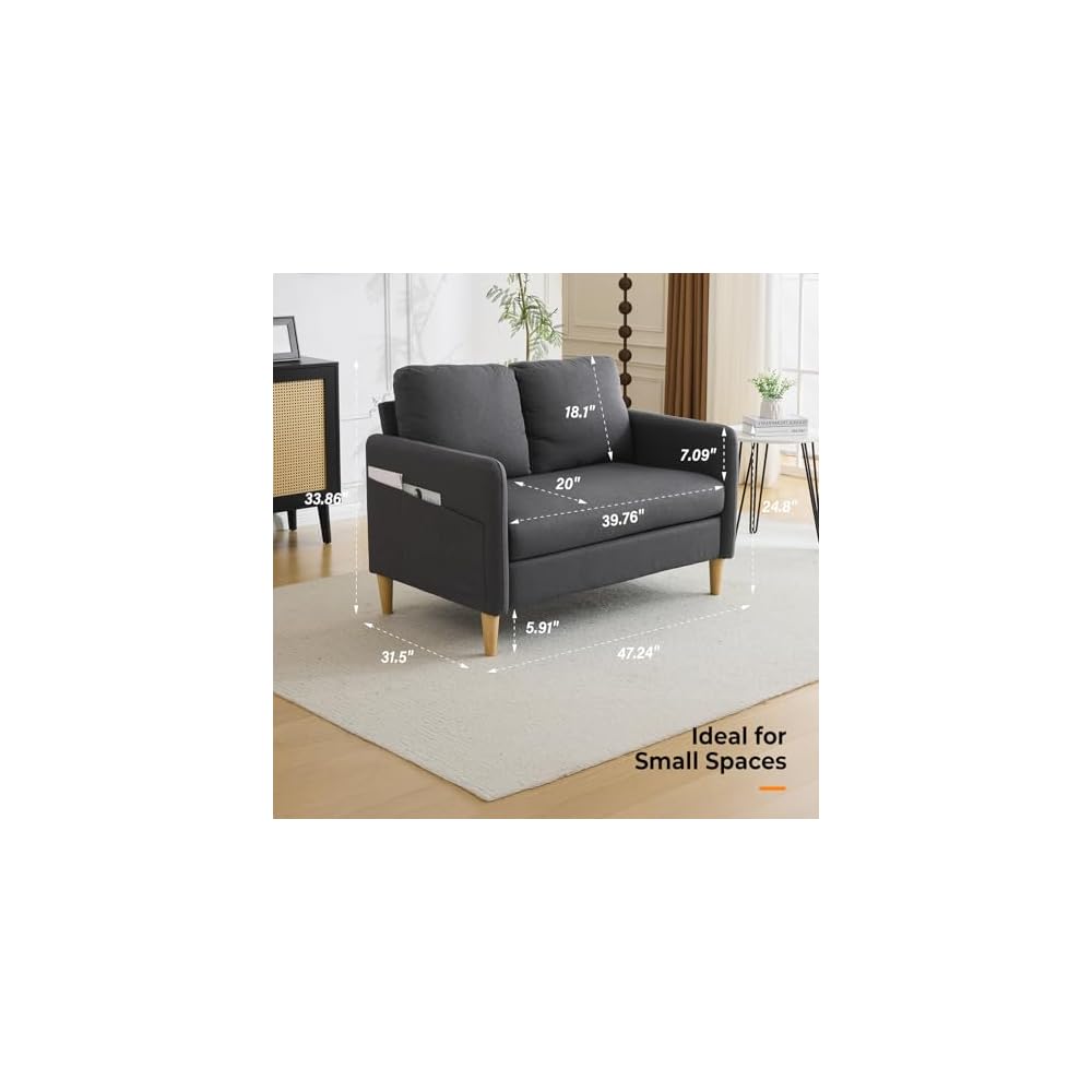 47" Small Couch, Dark Grey Linen Loveseat Sofa Mini Couch Mid Century Modern Decor Love Seat for Small Spaces Living Room, Bedroom, Play Room