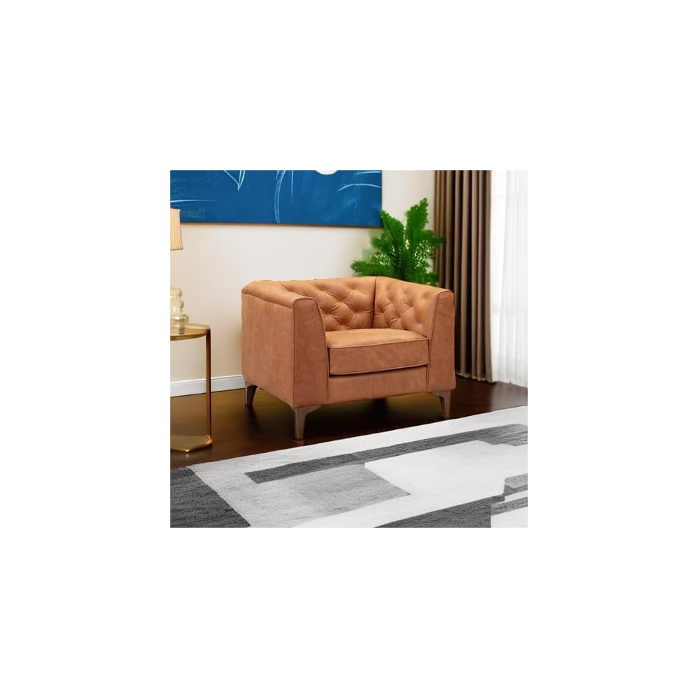 Essex 40" Lounge Chair – Full-Grain Pure-Aniline Italian Leather, Tufted Back & Arms, Feather-Down Cushioning, Walnut Wood Legs - Cognac Tan