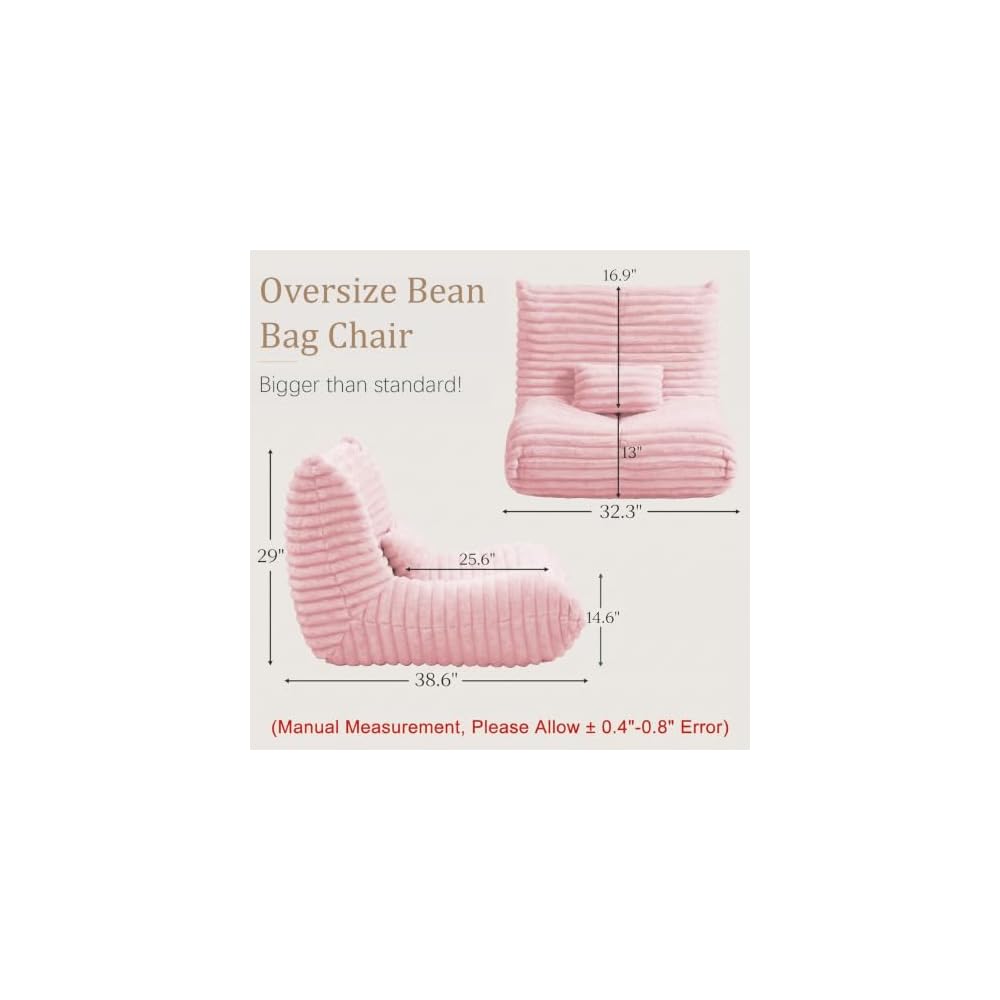 Bean Bag Chair for Adults, Giant Memory Foam Floor Sofa with Lumbar Pillow, Oversized Corduroy Beanbag Couch, Comfy Lounge Chair for Living Room, Bedroom, Apartment, Reading, Gaming, Pink