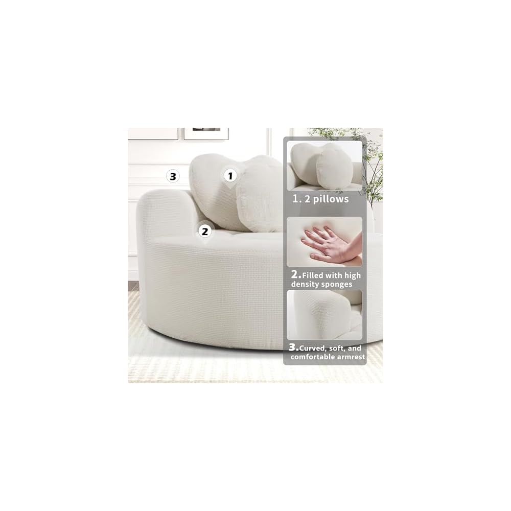 Round Sofa Bed Memory Foam Cloud Couch Convertible Sectional Sofa with 3 Pillows No Assembly Required Waffle Fabric Lounge Couch for Living Room Apartment Bedroom Office, Beige