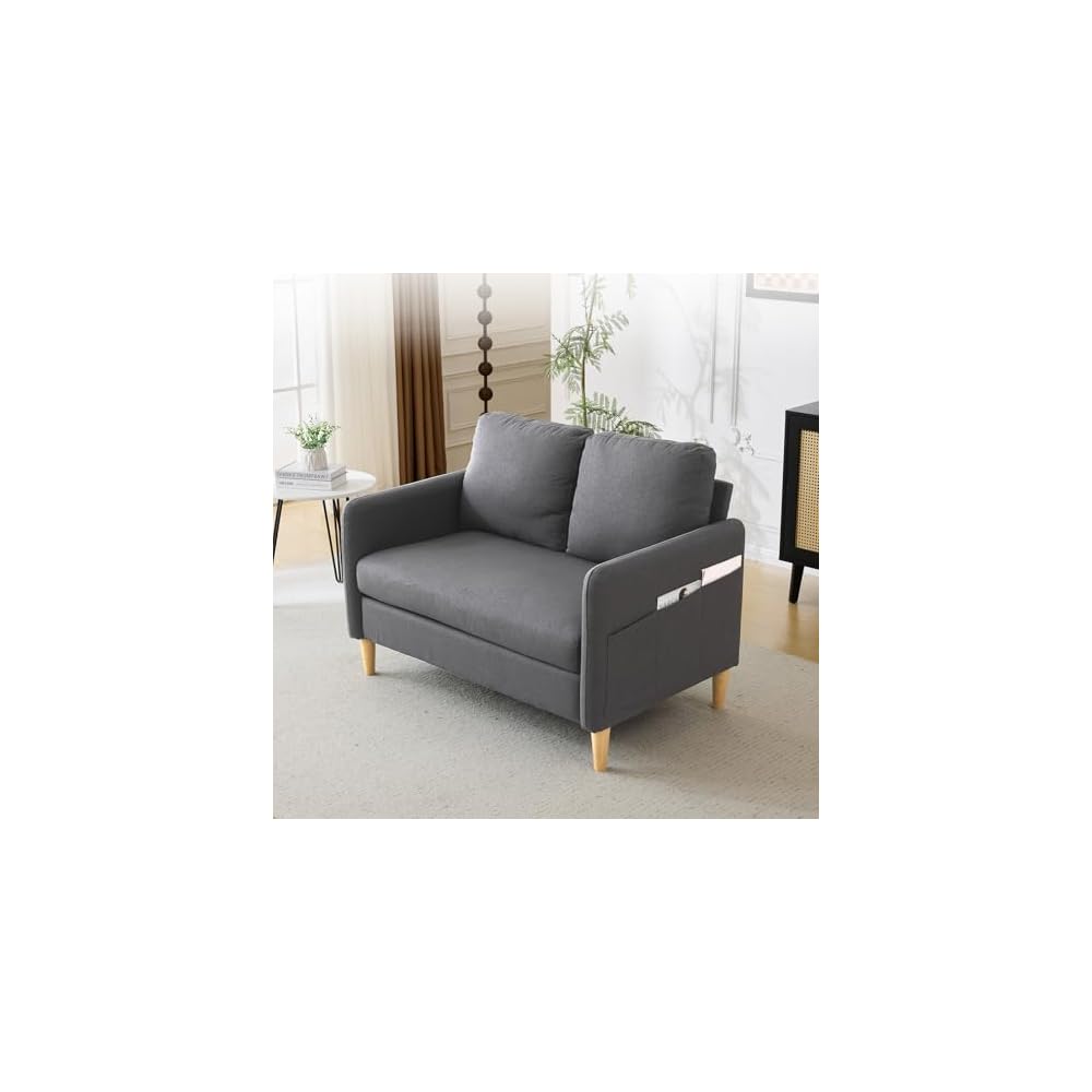 47" Small Couch, Dark Grey Linen Loveseat Sofa Mini Couch Mid Century Modern Decor Love Seat for Small Spaces Living Room, Bedroom, Play Room