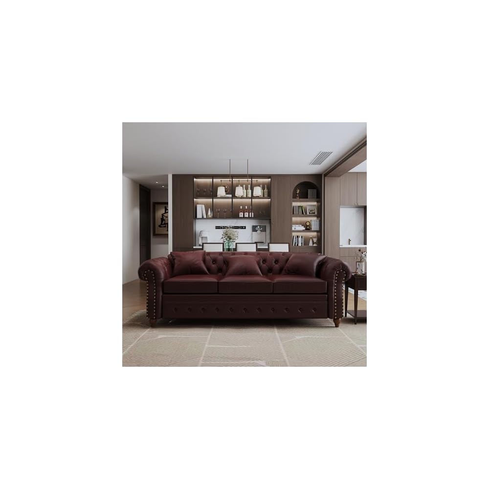 85.8" Tufted Leather Chesterfield Sofa with Storage, Burgundy
