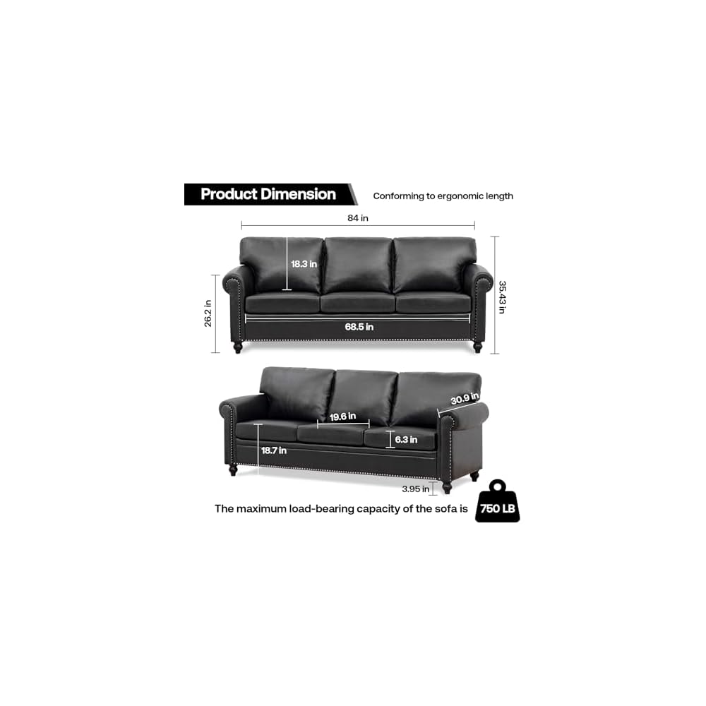 Black Faux Leather Couch，3 Seater Traditional Living Room Sofa，Comfy Sofa with Detachable Cushions 84" for Living Rooms, Bedrooms, Offices and Apartments Tool-Free Assembly