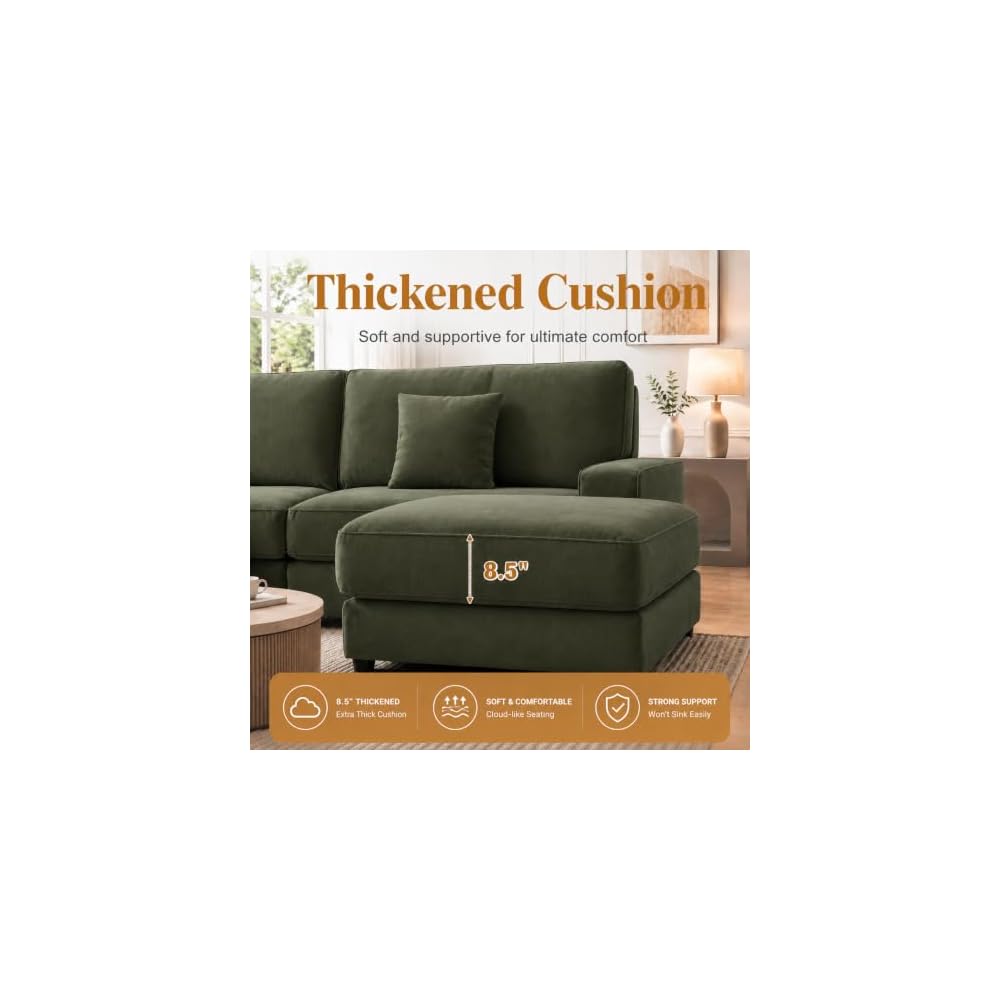 114" Modular Sectional L Shaped Sofa Couches,for Living Room,Oversized Cloud Couch with Movable Ottoman,Comfy Chenille Sofa with Pillow,Side Pockets,Bedroom,Apartment,Green