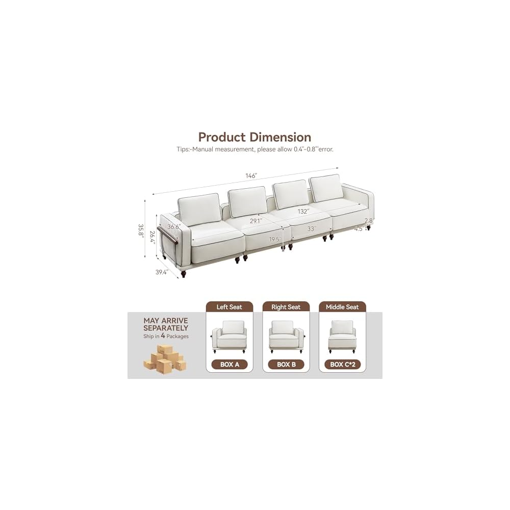 146" Modular Sectioanl Sofa, Oversized 4-Seater Cloud Couches for Living Room, Comfy Deep Seat Couches with Wooden Leg, Armrets, Chenille White