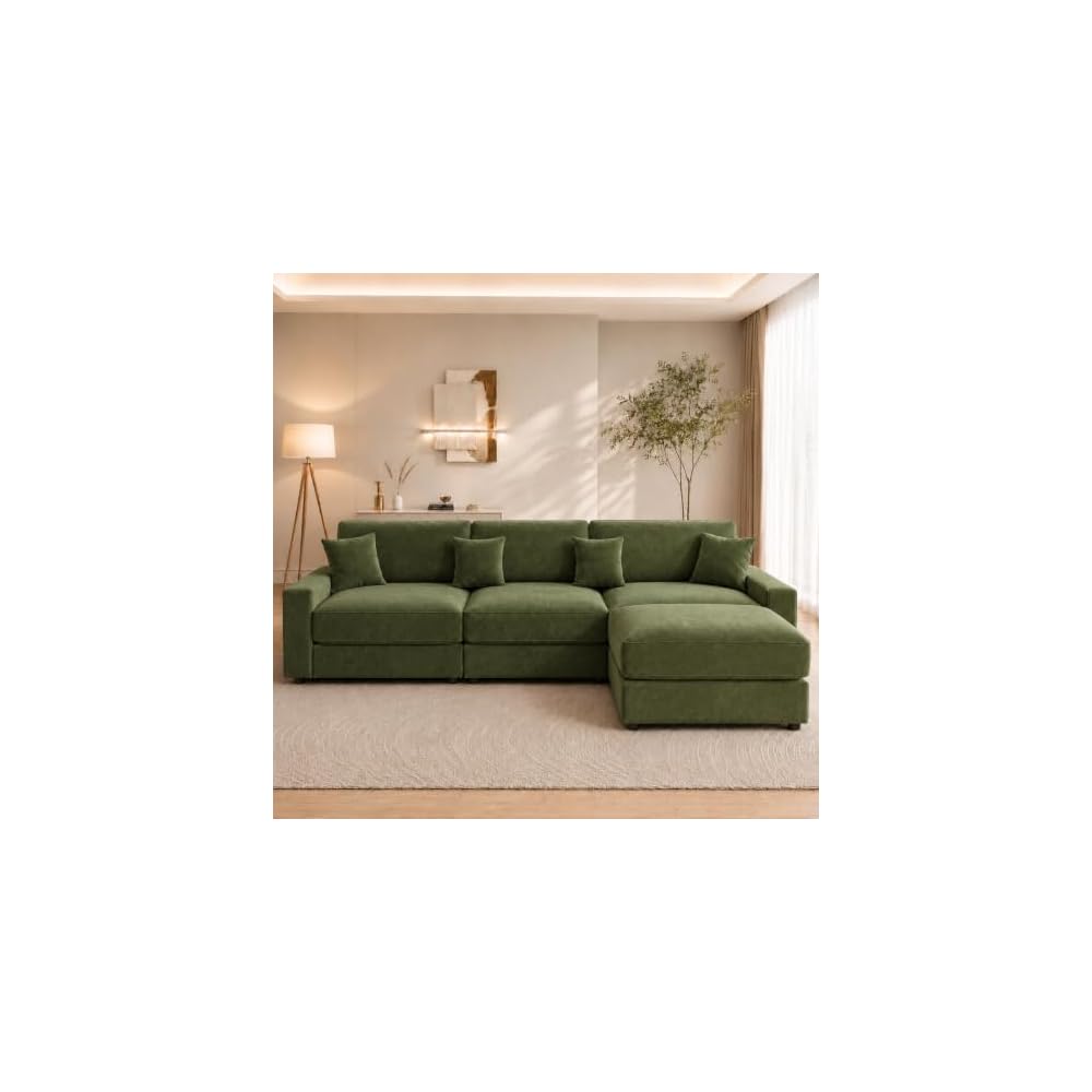 114" Modular Sectional L Shaped Sofa Couches,for Living Room,Oversized Cloud Couch with Movable Ottoman,Comfy Chenille Sofa with Pillow,Side Pockets,Bedroom,Apartment,Green