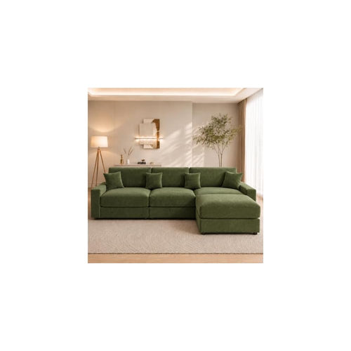 114" Modular Sectional L Shaped Sofa Couches,for Living Room,Oversized Cloud Couch with Movable Ottoman,Comfy Chenille Sofa with Pillow,Side Pockets,Bedroom,Apartment,Green