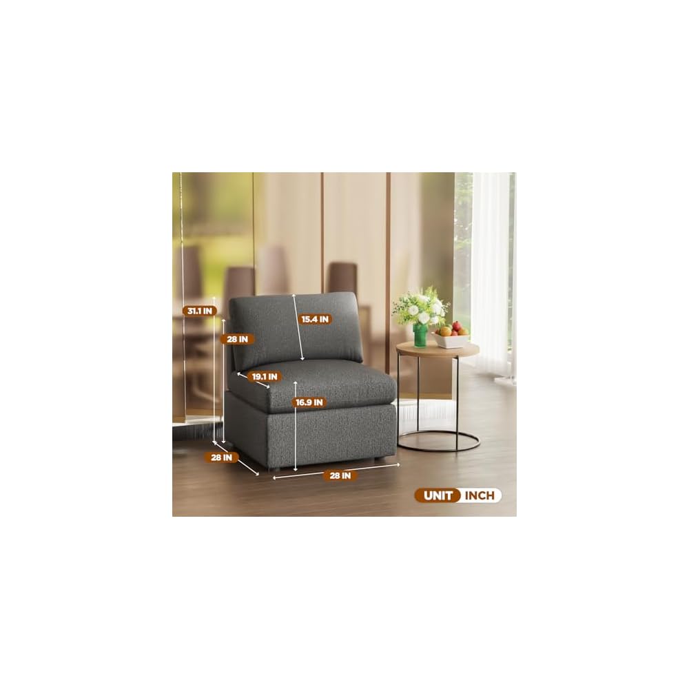 Sofa Couch Deep Seat Sofa Couch 1-Seat Convertible Sofa Modular Sectional Sofa Couch for Living Room Bedroom Home Office, Dark Gray
