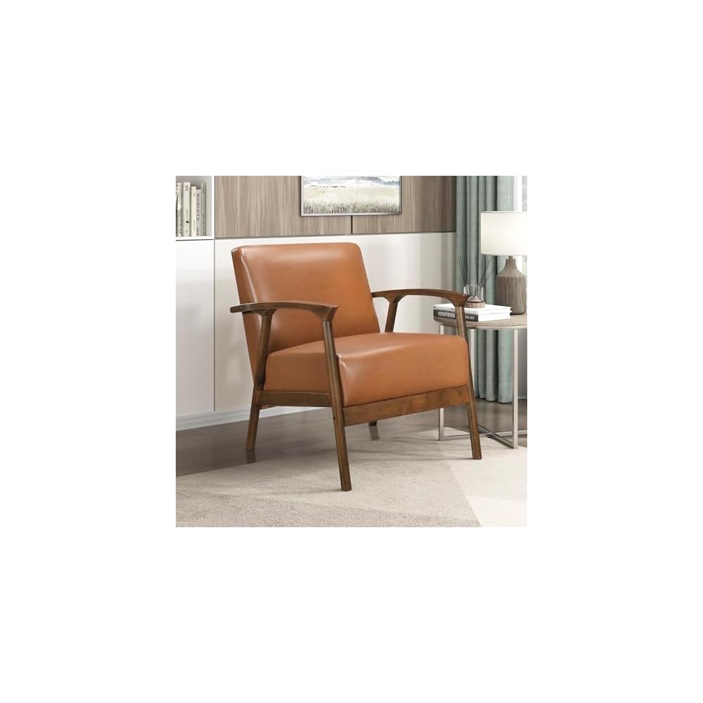 High Back Accent Chair Mid Century Modern Chairs Living Room Chairs Reading Chair for Bedroom with Solid Wood Armrests and Legs, Lounge Chair for Bedroom, Living Room, Sunroom, Office, Camel