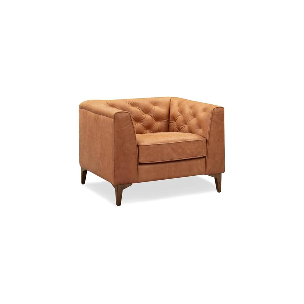 Essex 40" Lounge Chair – Full-Grain Pure-Aniline Italian Leather, Tufted Back & Arms, Feather-Down Cushioning, Walnut Wood Legs - Cognac Tan
