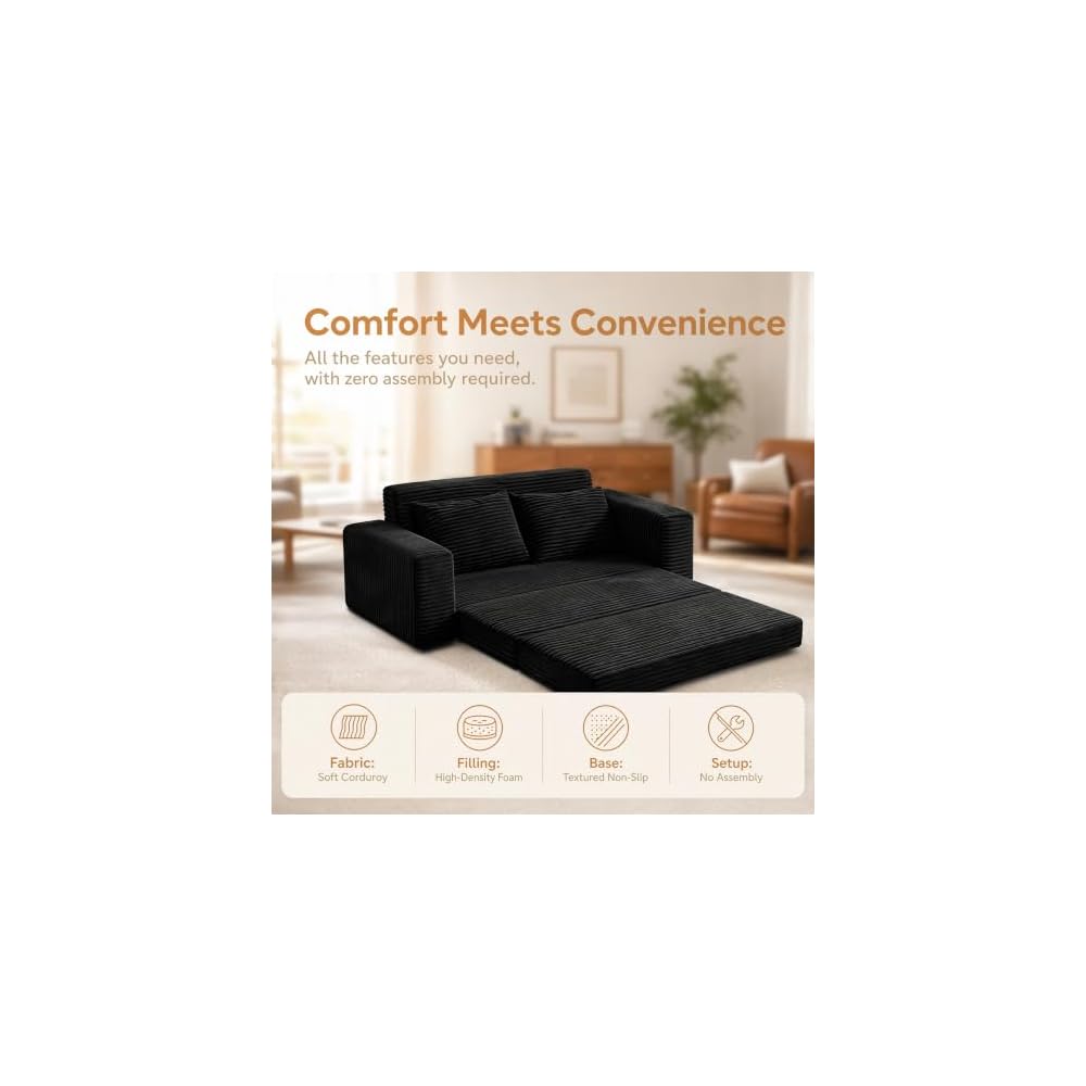 69" Boneless Folding Sofa Bed, 2-in-1 Corduroy Convertible Sleeper Couch with Wide Armrest for Living Room, Classic Black