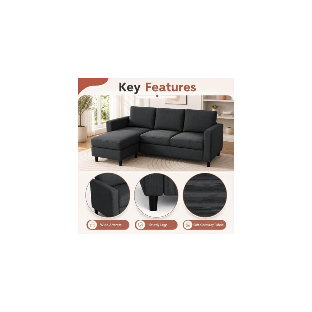 73.6" L-Shaped Small Sectional Sofa with Ottoman, Gray