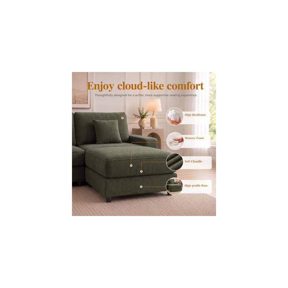 114" Modular Sectional L Shaped Sofa Couches,for Living Room,Oversized Cloud Couch with Movable Ottoman,Comfy Chenille Sofa with Pillow,Side Pockets,Bedroom,Apartment,Green