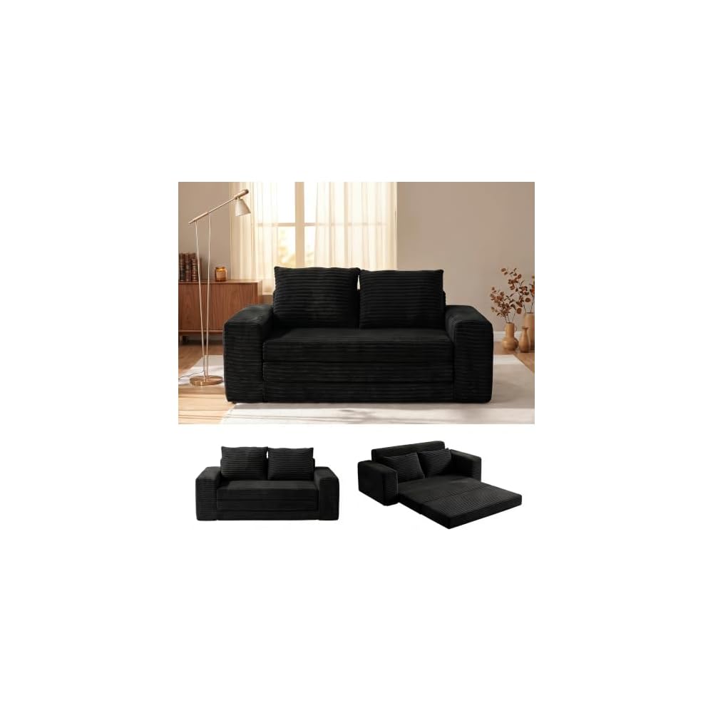 69" Boneless Folding Sofa Bed, 2-in-1 Corduroy Convertible Sleeper Couch with Wide Armrest for Living Room, Classic Black