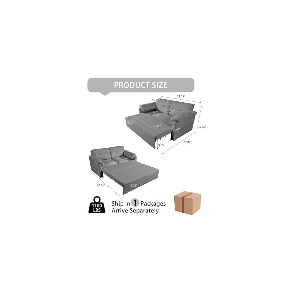 71.65" 3-in-1 Convertible Sleeper Couch for Living Room,Gray