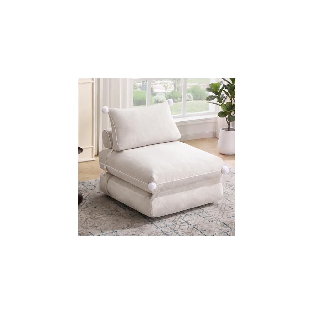 Folding Sofa Bed, Convertible Sleeper Chair with Back Support, Comfy Chenille Fold Out Couch Bed for Adults, No Wall Needed Floor Sofa Bed for Living Room Bedroom Apartment, Beige