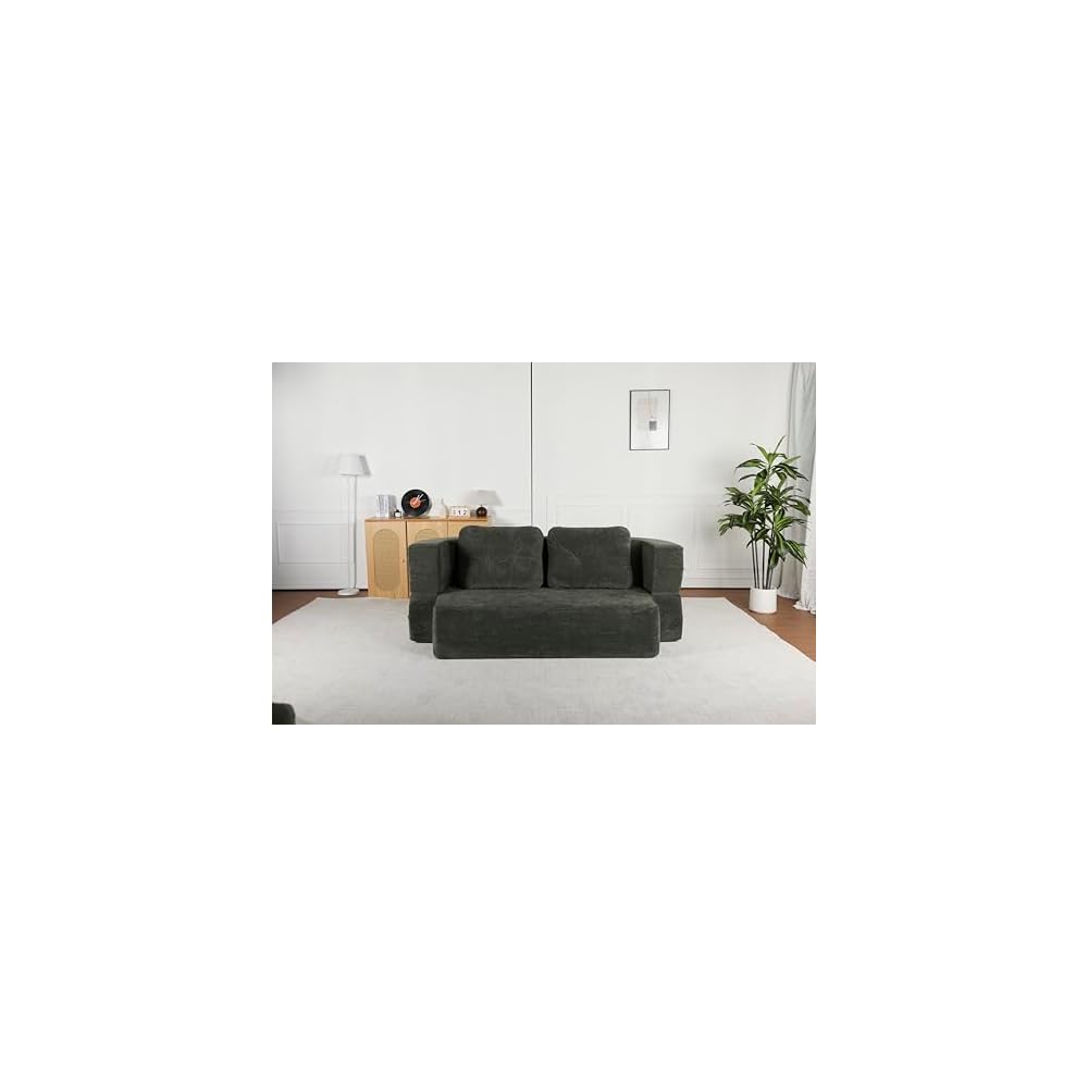Queen Size Boneless Convertible Sofa Bed with Blanket, Green