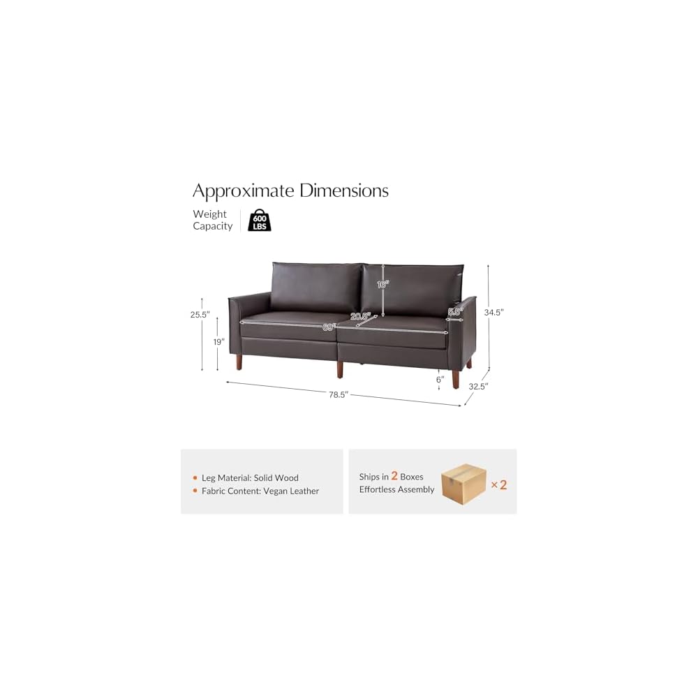 78" Faux Leather Sofa with Solid Wood Legs, Mid-Century Modern PVC Leather Couch, Comfy Upholstered 3-Seater Sofa for Living Room Bedroom, Brown