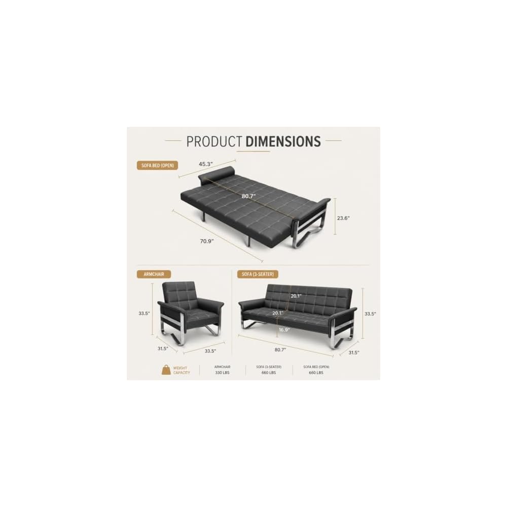 Faux Leather Futon Sofa Bed,Modern Convertible Couch with Metal Legs