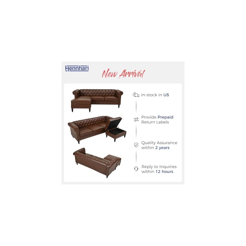 Modern L-Shaped Sectional Sofa with Storage Ottoman, Modular Tufted PU Leather Couch with Riveted Armrests and Solid Wood Legs for Living Room (Brown)