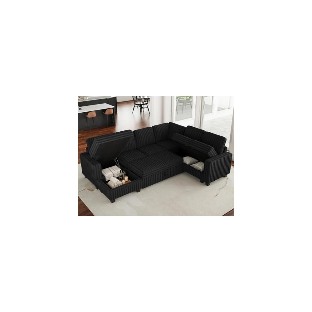 Corduroy Sleeper Sofa Bed with Storage Chaise Modular Sectional Sofa Couch with Pull Out Bed L Shaped Sectional Couches for Living Room Black Couch