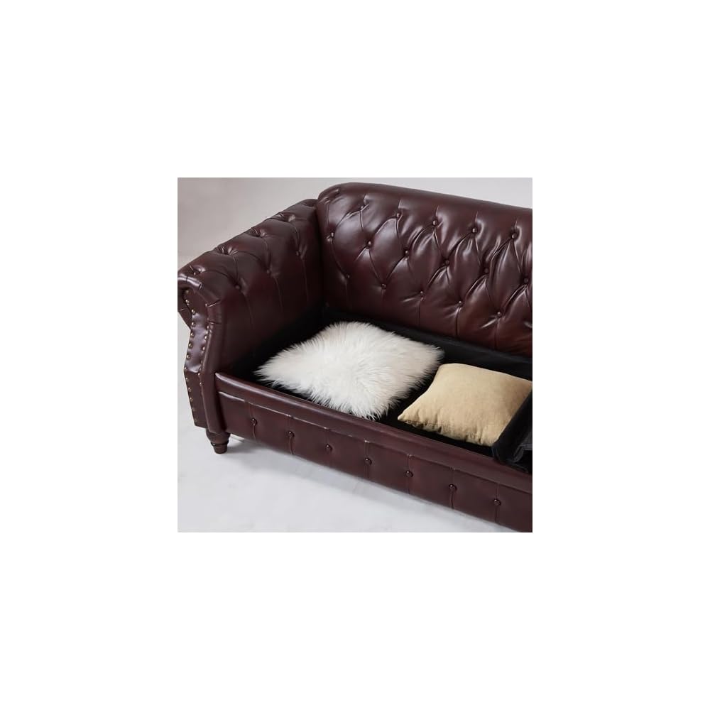 85.8" Tufted Leather Chesterfield Sofa with Storage, Burgundy