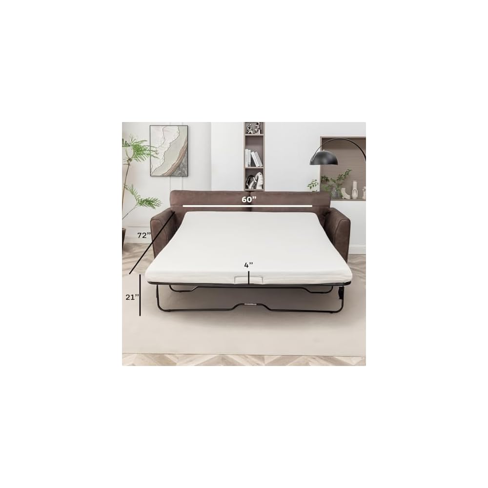 Luna Faux Leather Pull Out Couch Bed with Queen Size Memory Foam Mattress, Convertible Sofa for Living Room, Modern Foldable Sleeper Furniture for Apartments, Guest Rooms or Offices, Brown